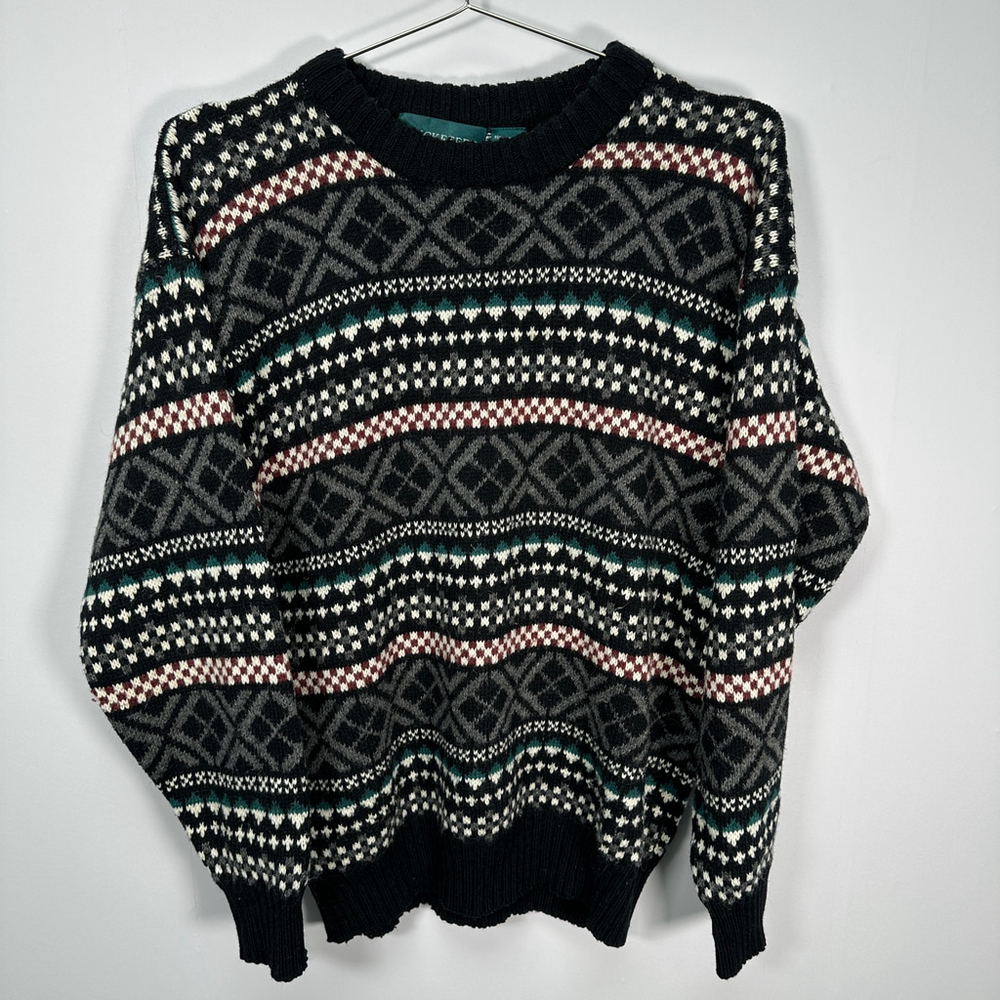 Vintage Grandpa Sweater Cricketeer Black Checkered Pattern Crewneck Small